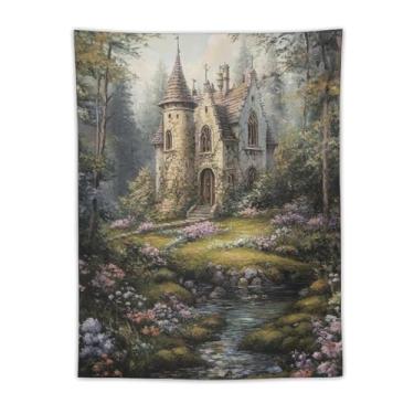 Imagem de Tapeçaria Enchanted Woodland Cottage Stream Tapeçaria para pendurar na parede Casa de pedra rústica caminho floresta paisagem arte para quarto sala de estar dormitório apartamento casa de campo
