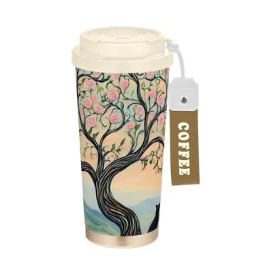 Imagem de Caneca de café de viagem de 473 ml com canudo e tampa, caneca de café de aço inoxidável à prova de vazamento para escritório, escola, festa, acampamento, rosa pastel, gato árvore