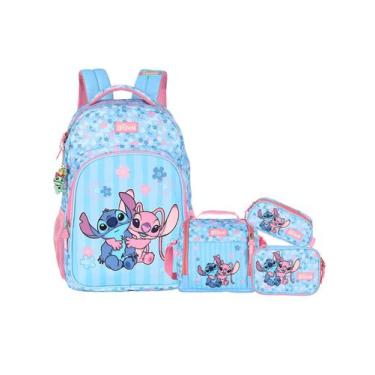 Imagem de Kit Lilo Stitch Angel Mochila Costas + Lancheira + Estojos, Rosa