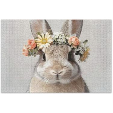 Imagem de Quebra-cabeça de coelho fofo com flores de coelho para adultos, 500 peças, família, presentes, quebra-cabeças, paisagem floral difícil