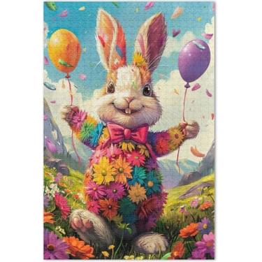 Imagem de Quebra-cabeça colorido coelho da Páscoa fofo adulto 500 peças decoração de arte pintura quebra-cabeças legais para adultos presentes de festa de elefante branco
