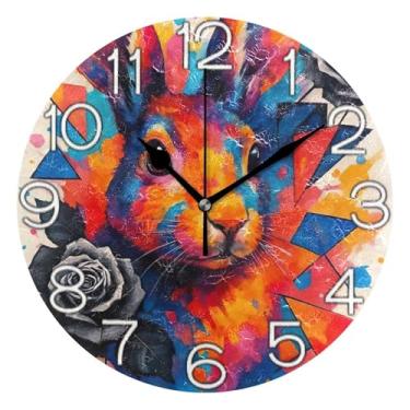Imagem de GAIGEO Relógio de parede analógico decorativo redondo sem tique-taque silencioso relógio de cozinha fofo, arte de parede moderna legal decoração de casa, tie dye coelho rosas negras, 25 cm, ponteiros
