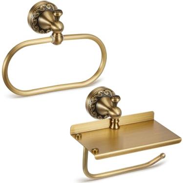 Imagem de Otoolling Pacote com 2 suportes de papel higiênico com prateleira para telefone, latão antigo, retrô, latão, anel de toalha de mão, rolo de tecido, cabide de papel para acessórios de cozinha de