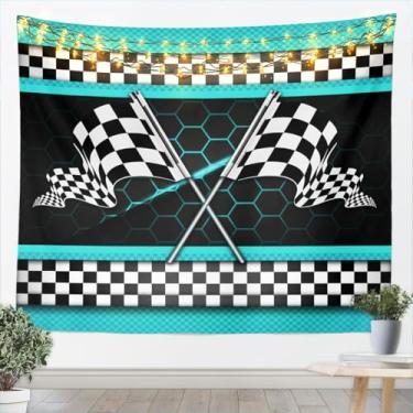 Imagem de Tapeçaria para pendurar na parede de carro de corrida para meninos, esportes radicais azul-petróleo geométrico microfibra macia cobertor de parede para casa tapeçarias 3D xadrez preto branco bandeira