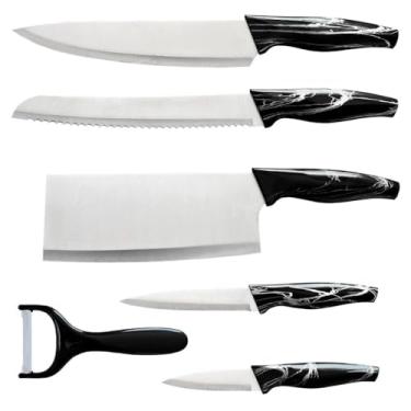 Imagem de Kit Jogo Facas 6 peças Inox Descascador Churrasco Cozinha Cabo Premium Mármore Madeira