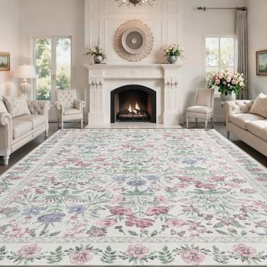 Imagem de Arvenchy Tapete de área para sala de estar: Tapete floral boho lavável antiderrapante de flores de pelo baixo para sala de jantar, cabeceira, cozinha, quarto infantil, escritório, dormitório de