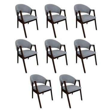 Imagem de Kit 8 Cadeiras De Jantar Madeira Maciça Helen Impermeável Castanho Cinza Linho