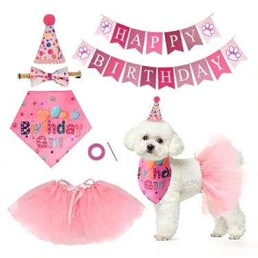 Imagem de cnomg Bandana de aniversário para cães, meninas, filhotes, aniversário, bandana com vestido, tutu rosa, cachecol, laço, faixa para cães pequenos