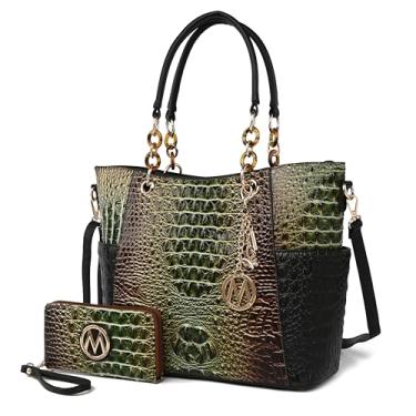 Imagem de MKF Collection Bolsa feminina com alça superior para carteira - bolsa de couro vegano, Croco verde-oliva arco-íris, Large