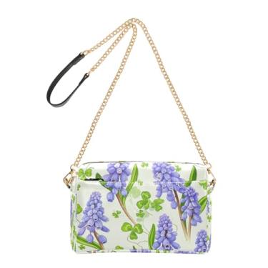 Imagem de Joitme Bolsa feminina floral roxa com folhas verdes e folhas transversais de couro PU bolsa de ombro alça de corrente bolsa para celular fofa