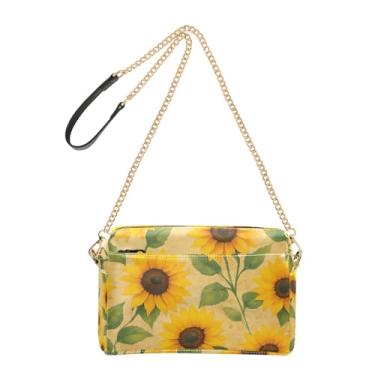 Imagem de Bolsa tiracolo feminina bolsa para celular vintage girassóis amarelos couro PU alça de corrente