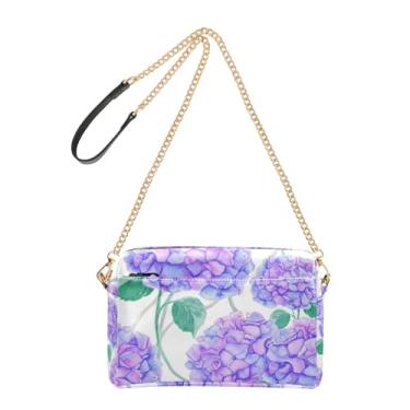 Imagem de Joitme Bolsa tiracolo feminina para celular linda aquarela hortênsia flores roxo PU couro com alça de corrente