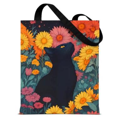 Imagem de QYCFDXD Sacola feminina de lona de gato com flores vibrantes, girassol, estética e reutilizável, bolsa de ombro para compras, viagens, trabalho, praia