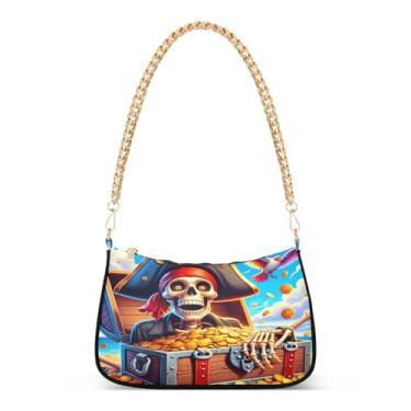 Imagem de Bolsa de ombro divertida de esqueleto pirata com corrente de ombro, bolsa de mão artística para mulheres, estilo moderno Hobo Clutch