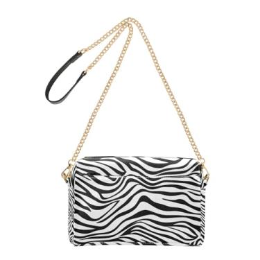 Imagem de Joitme Bolsa tiracolo feminina minimalista listrada preta branca bolsa de ombro de couro PU com alça de corrente