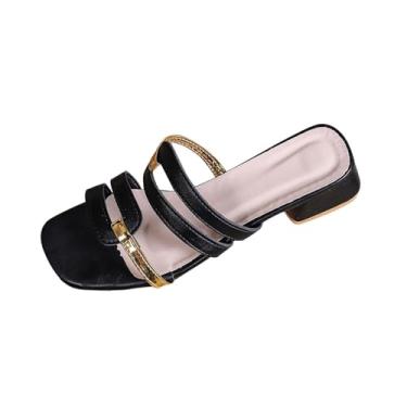 Imagem de Pantufas femininas fashion casual primavera e verão praia combinando cor bico quadrado bico aberto um pé salto grosso salto baixo, Preto, 34