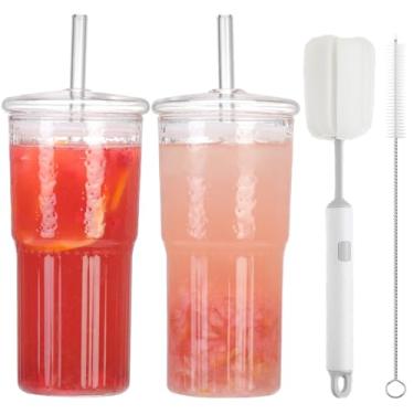 Imagem de ASANMEYO 2 peças de copos de vidro com tampas e canudos, copos de vidro de 590 ml, copos de bebida reutilizáveis, copos de café gelados transparentes, copo de vidro vintage para água, café, chá