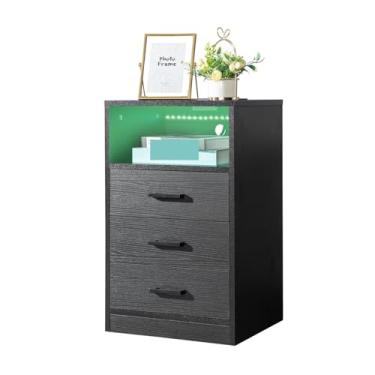 Imagem de Mesa de cabeceira 40 x 35 x 65 cm, mesa de cabeceira de triamina colada, 3 gavetas com soquete e luz LED mesa de cabeceira branca/preta armário de cabeceira (cor: 02) (2)