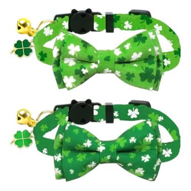 Imagem de JarThenaAMCS 2 coleiras de gravata borboleta de trevo de trevo ajustável para o dia de São Patrício com sino de separação para meninas, meninos, gatos, pequenos animais de estimação