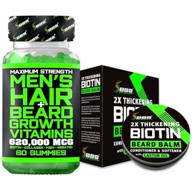 Imagem de Kit de crescimento de barba com bálsamo de barba com biotina para homens, 2 amaciantes de barba e condicionador de barba + gomas de biotina, vitaminas para crescimento da barba/vitaminas para