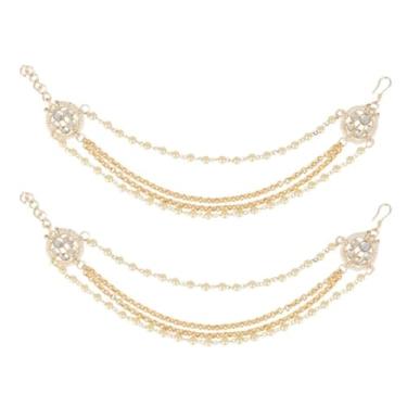 Imagem de I Jewels Corrente de orelha feminina banhada a ouro com contas de pérola em camadas de Bollywood para casamento indiano (E3188W)