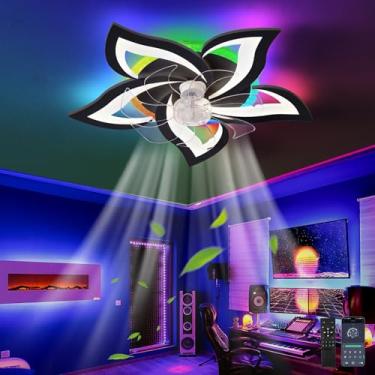 Imagem de Ventilador de teto com luzes RGB reguláveis, estilo lustre, com controle remoto por aplicativo, ventilador reversível com 6 velocidades, silencioso, timer, luz noturna e função de memória pa