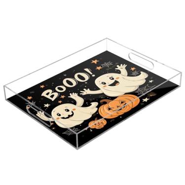 Imagem de xigua Bandeja de servir de acrílico fantasma de Halloween com alças à prova de derramamento, bandejas decorativas de festa de Halloween, bandeja organizadora de bancada para banheiro, cozinha, 30,5 x
