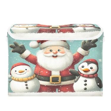 Imagem de SEHANY Linda caixa de armazenamento de Papai Noel de Natal com tampas e alças, organizador de cestas de armazenamento de tecido dobrável, caixas de armazenamento de cubos grandes para roupas, cobertor