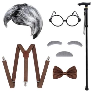Imagem de hoyuwak 7 peças, fantasia de velho de 100 dias de escola, com peruca cinza de velho, gravata borboleta, bigode, sobrancelhas, suspensório e óculos para fantasia escolar de Halloween