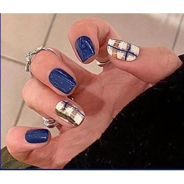 Imagem de Unhas quadradas de pressão, unhas macias de gel médio, 12 tamanhos – 24 kit de manicure falso, reutilizável e fofo, xadrez azul royal
