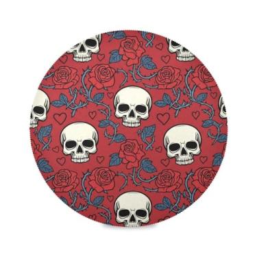 Imagem de Wassud Jogo americano tapete redondo de rosas de caveira para cozinha e jantar tapetes laváveis resistentes ao calor decoração de mesa 39 cm