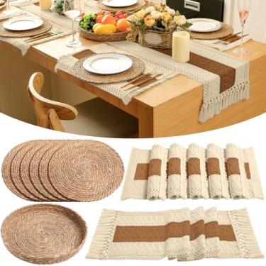 Imagem de Gandeer Jogo americano Boho 4/6 conjunto de jogo americano de tecido redondo estilo macramê costura bicolor caminho de mesa longo casa de fazenda algodão de serapilheira natural rústico para cozinha