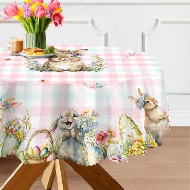 Imagem de cusugbaso Toalha de Mesa Redonda de Páscoa 70 Polegadas - Decoração de Páscoa Xadrez Rosa e Azul para Casa - Resistente à Água