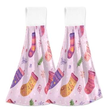 Imagem de Blueangle 2 peças meias de Natal toalhas de gravata penduradas toalha de mão toalha de mão absorvente macio coral veludo pano para cozinha banheiro (468)