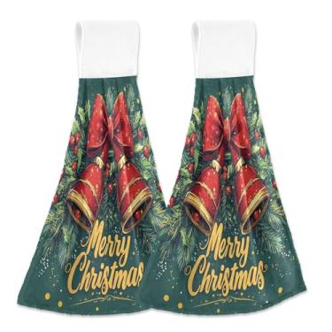 Imagem de Blueangle 2 peças de toalhas de gravata penduradas com sinos de Natal toalha de mão de cozinha absorvente de veludo coral macio pano de pano para cozinha e banheiro (675)