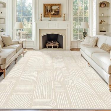 Imagem de MUJOO Tapete lavável de 20 x 25 cm, moderno de meados do século, antiderrapante, tapete grande bege e branco neutro para sala de estar, quarto, sala de jantar