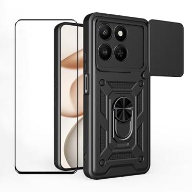 Imagem de CNPUTAO Capa para Honor X7d / Honor 400 Smart com protetor de tela de vidro temperado, janela deslizante para câmera, suporte, capa de telefone de camada dupla antiarranhões à prova de choque, preta