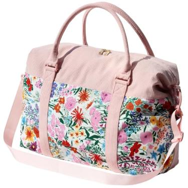 Imagem de ESVAN Bolsa de viagem para academia, bolsa de mão para o fim de semana, bolsa tiracolo com bolso molhado e manga de carrinho atualizada, Flor rosa de veludo cotelê, Tendência
