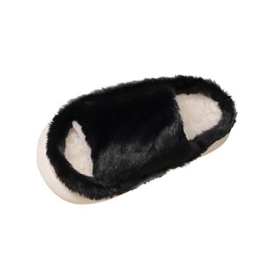 Imagem de Pantufas femininas plus veludo quente bico aberto de um pé para uso doméstico, Preto, 35