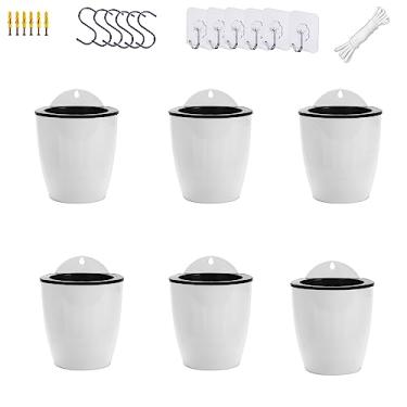 Imagem de Pacote com 6 vasos de plantador para pendurar na parede vertical para jardim e janela pendurar recipiente de plástico redondo para plantas flores suculentas cozinha estar suporte de ervas decoração decoração branco