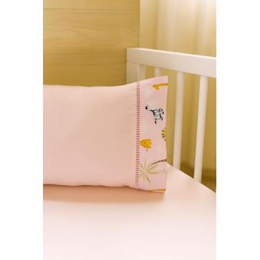 Imagem de Jogo de Lençol 2 Pçs Simples com Elástico Berço Americano Safari Malha com Ponto Palito e Barrado, Lençol e Fronha (Rosa Bebê)