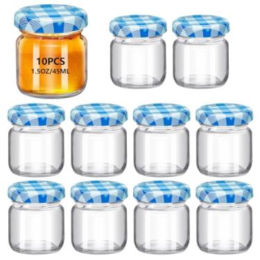 Imagem de Pacote com 10 mini frascos de mel transparentes redondos de 45 ml para lembrancinha de casamento, chá de bebê, lembrancinha de vidro pequeno de 45 ml com tampas herméticas, frascos de presente