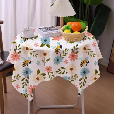 Imagem de Amonsa Toalha de mesa quadrada pequena floral rosa primavera ao ar livre 91 cm folhas verdes toalha de mesa para 2 a 4 lugares capa de mesa de café lavável tecido azul claro abelhas flores