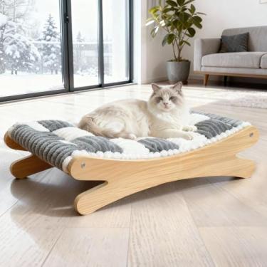 Imagem de Chngeary Cama elevada para gatos e cama para cães pequenos, móveis requintados para gatos feitos de tapete macio lavável e moldura de madeira sólida resistente, rede para gatos e sofá para uso interno