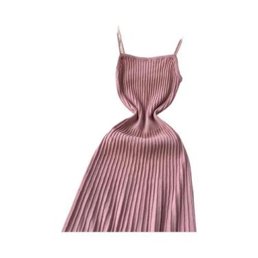 Imagem de Vestido Midi Amarelo De Cintura Alta Sem Mangas Em Tricô Plissado Para