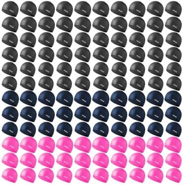 Imagem de Pacote com 120 toucas de natação de silicone, 3 cores (preto/azul marinho/rosa) com tamanhos P/M/G, impermeável, antiderrapante, pacote a granel para adultos, touca de banho profissional para