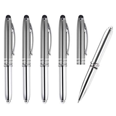 Imagem de PATIKIL Caneta esferográfica com ponta Stylus e lanterna LED, pacote com 5 canetas de metal 3 em 1, tinta preta, ponta média de 1,0 mm, para telas sensíveis ao toque, cinza
