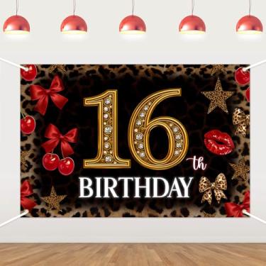 Imagem de Cenário de aniversário de 16 anos com tema de leopardo, decoração de festa de aniversário de chita cereja, fundo fotográfico para meninas selvagens, tema leopardo, artigos de festa de aniversário de