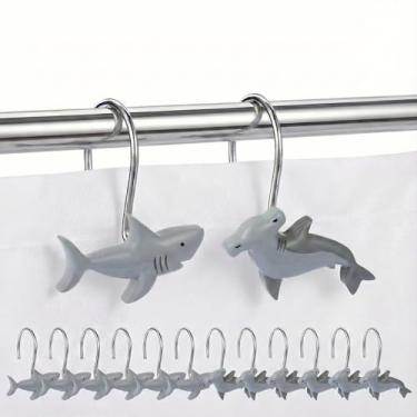 Imagem de Ganchos de cortina de chuveiro de tubarão, 12 peças de anéis de metal resistentes à prova de ferrugem, 2 designs exclusivos de tubarão fofos | Cabides decorativos para banheiro/quarto de bebê/quarto