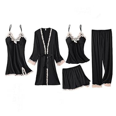 Imagem de HHHJQFAAT Pijama feminino 5 peças conjunto de pijama cami de cetim com roupão decote em V vestido de dormir floral acabamento de renda GG Borgonha-B (preto a)